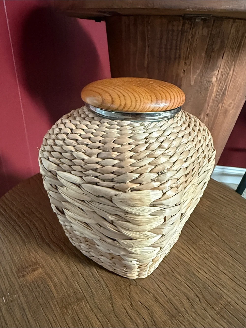 Small Glass Jar Woven Wicker Wrap with lid. Beautiful